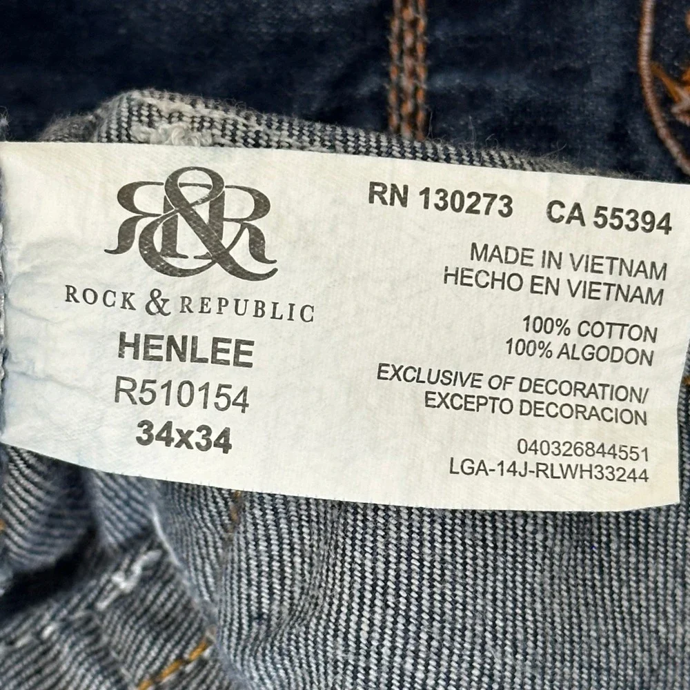 Rock & Republic Mens 34x34 Bootcut Jeans Dark Blue Wash Distressed Flap Pockets